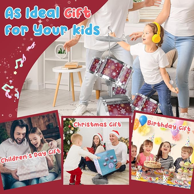 Kids Drum Set for Toddlers 1-3 Musical Jazz Drum with Stool Toys for 2-5 4-6 5-7 Boys Girls Birthday, Red