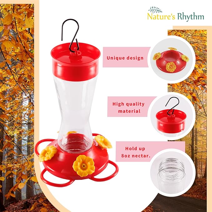 Nature's Rhythm Bird Feeder 4 bee Guard Plastic Yellow Flowers Feeding Port 8oz Glass Pinch Waist Hummingbird Feeder (1Pcs)