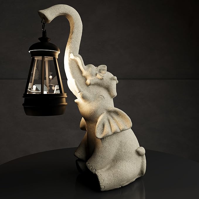 Solar Powered Outdoor Figurine Lights, 10 Inch Waterproof Animal Elephant Statue Light, Suitable for Decorations for Patio, Balcony, Lawn, Courtyard, Etc. (Trunk)