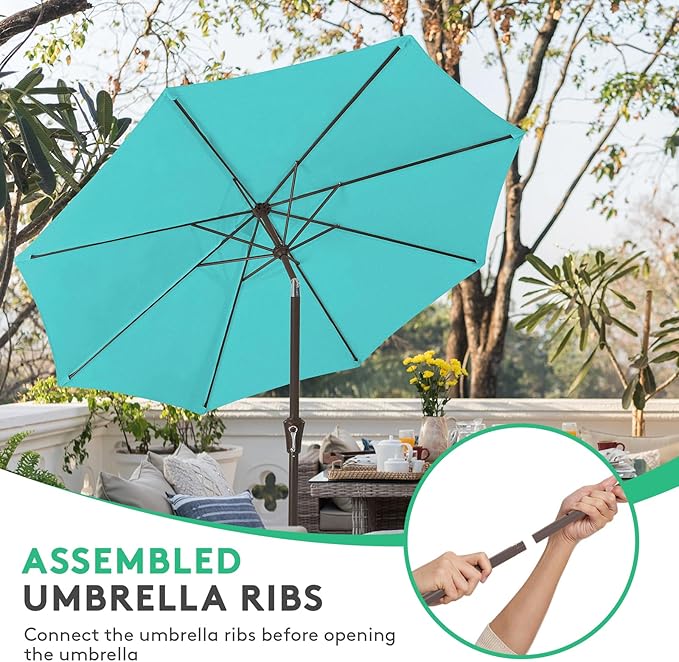 JEAREY 10FT Outdoor Patio Umbrella Outdoor Table Umbrella with Push Button Tilt and Crank, Market Umbrella 8 Sturdy Ribs UV Protection Waterproof for Pool, Garden (Turquoise)