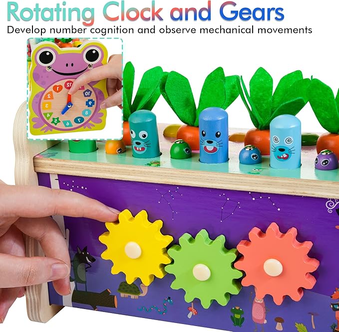 6-in-1 Wooden Montessori Toys for 1 Year Old, Mole-Tapping Game | Play The Xylophone | Frog Clock | Carrot Harvest Game | Spinning Gear, Baby Toy Gift for Early Learning