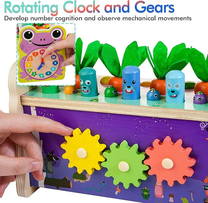 6-in-1 Wooden Montessori Toys for 1 Year Old, Mole-Tapping Game | Play The Xylophone | Frog Clock | Carrot Harvest Game | Spinning Gear, Baby Toy Gift for Early Learning