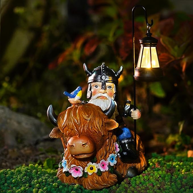 Garden Gnome Outdoor Statue 12 Inch Highland Cow Gnomes Decorations for Yard Patio Lawn Porch Birthday Gifts for Women Men, Mother’s Day, Housewarming with Solar Light Funny Decor for Outside