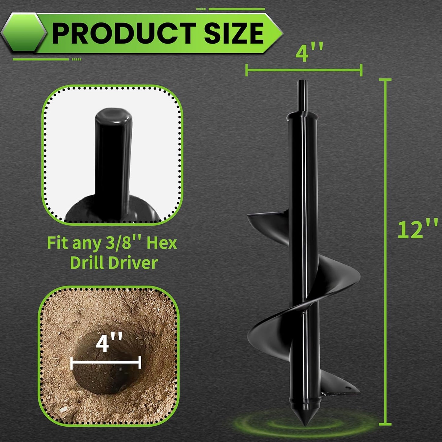 SYITCUN Auger Drill Bit for Planting - 4"X12" Heavy-Duty Garden Auger Spiral Drill Bit - Bulb Planter Tool & Post Hole Digger - 3/8" Hex Drive Drill