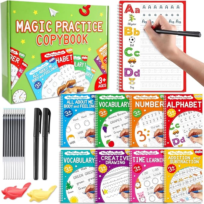 gisgfim 8 Pack Magic Grooved Writing Practice Books for Kids Reusable Magical Handwriting Workbooks with Disappearing Ink Pens Letter,Numbers,Math Tracing Copybook for Kindergarten Preschool Age 3-8