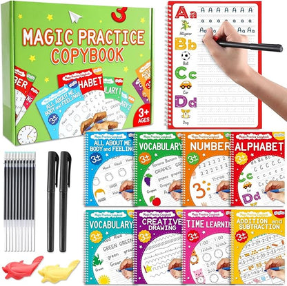 gisgfim 8 Pack Magic Grooved Writing Practice Books for Kids Reusable Magical Handwriting Workbooks with Disappearing Ink Pens Letter,Numbers,Math Tracing Copybook for Kindergarten Preschool Age 3-8