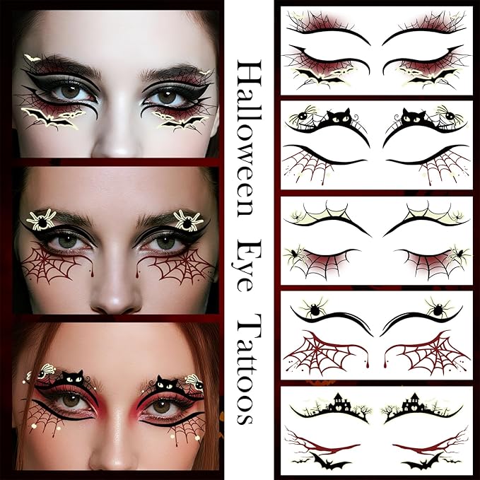 Glow in Dark Halloween Eyeliner Temporary Tattoos for Adults, 12 Pairs Luminous Eyes Fake Tattoos, Gothic Spooky Designs with Spiders Web, Bats, Cats, Skulls, Black