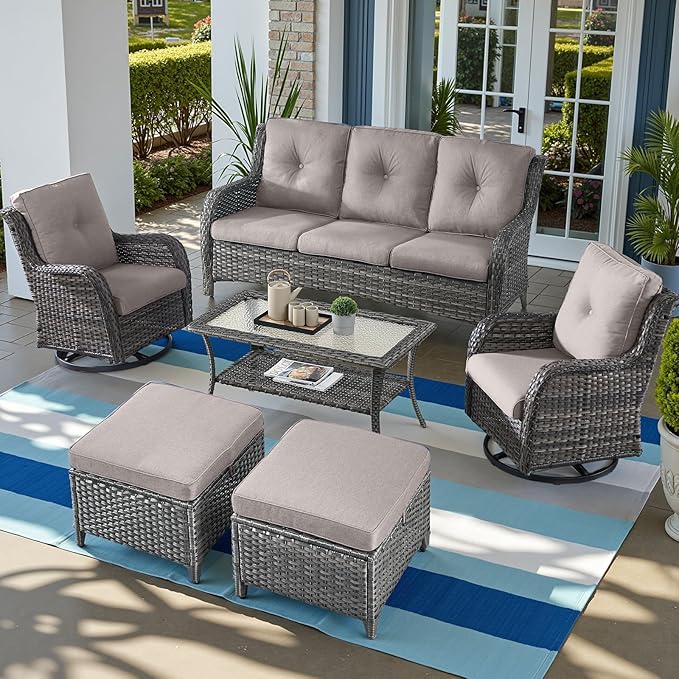 Outdoor Wicker Patio Furniture Set - 6 Piece Rattan Patio Conversation Set with 2 Rocking Swivel Chairs,2 Ottomans,1 Sofa and 1 Coffee Table for Porch Deck Backyard Garden(Mixed Grey/Grey)