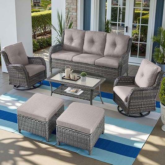 Outdoor Wicker Patio Furniture Set - 6 Piece Rattan Patio Conversation Set with 2 Rocking Swivel Chairs,2 Ottomans,1 Sofa and 1 Coffee Table for Porch Deck Backyard Garden(Mixed Grey/Grey)