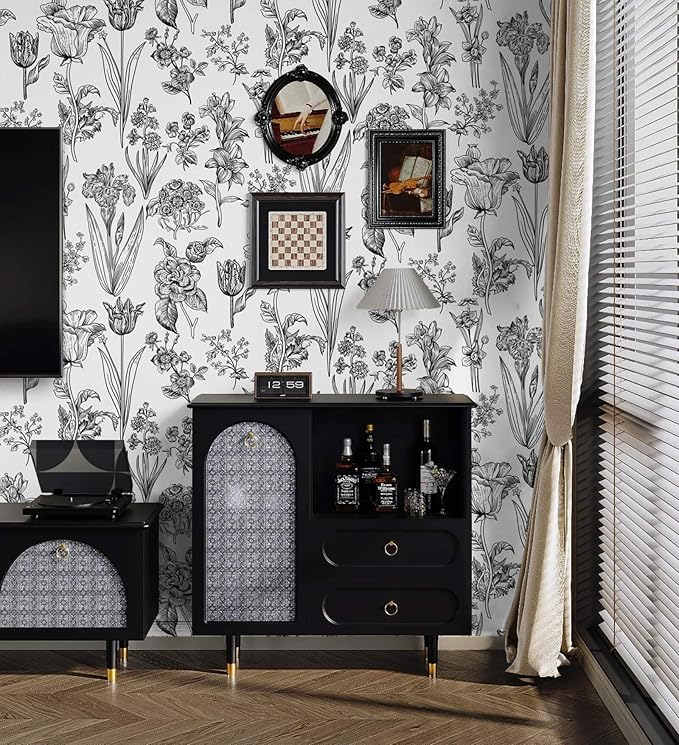 Dimoon 236"x17.3" Floral Peel and Stick Wallpaper White Contact Paper Waterproof Black Lines Wallpaper Vintage Flower Thicken Plant Self Adhesive Removable Wall Covering Shelf Liner Decal Vinyl Roll