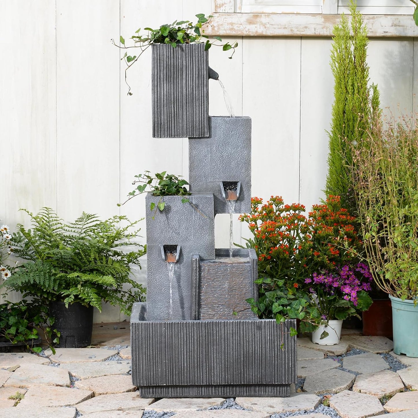 42" H Outdoor Water Fountain Garden Waterfalls - Large Water Feature Geometric Stacking Waterfall Fountains Planter with Lights for Patio Backyard Deck Porch Deck and Home Decor, Gray