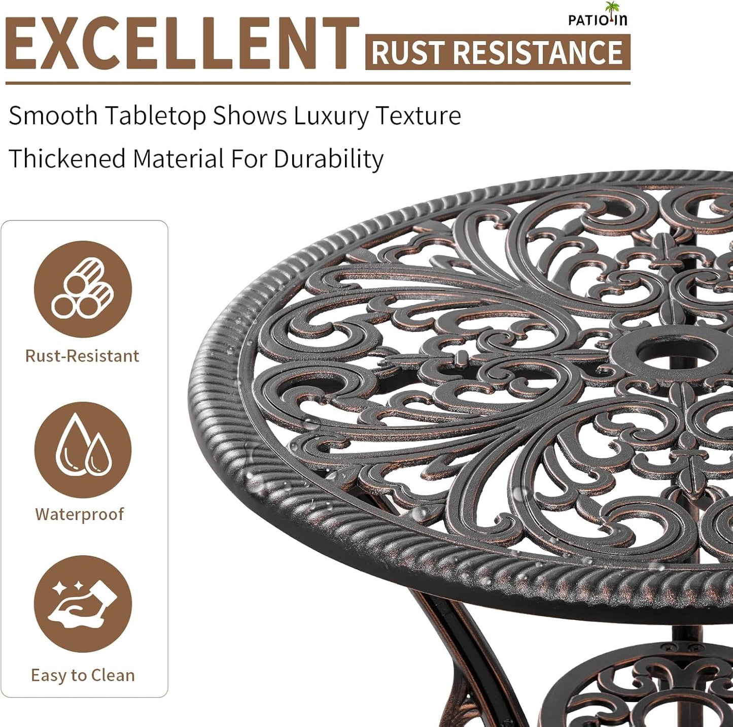 3 Piece Cast Aluminum Bistro Set, Bronze Bistro Table and Chairs Set of 2, 3 Piece Patio Furniture Set with 1.97" Umbrella Hole for Backyard, Balcony, Deck