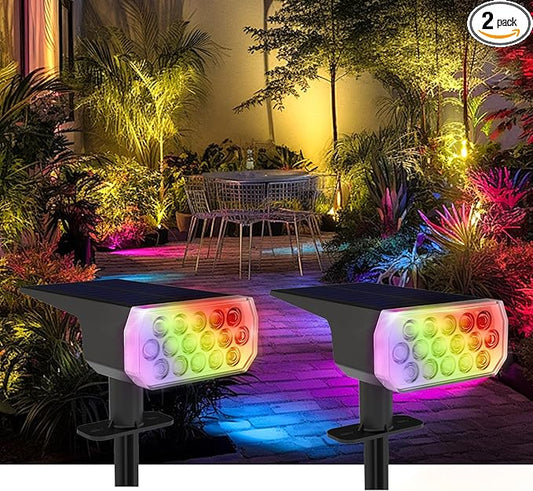 Solar Lights Outdoor Waterproof IP65, 8 Lighting Modes Multicolor Solar Spot Lights Outdoor, Landscape Spotlights for Garden Yard, 2 Pack RGB