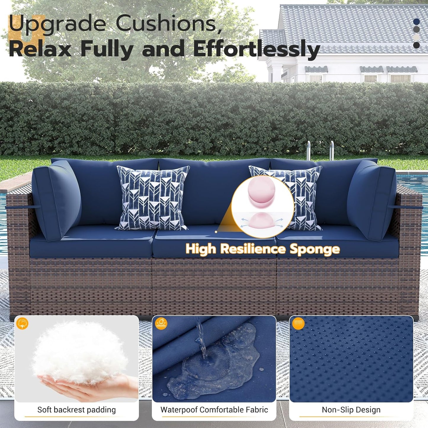 UDPATIO Patio Furniture Set with Fire Pit Table, 8 Piece Outdoor Sectional Modular Sofa, Wicker Outdoor Furniture Conversation Sets with Waterproof Cover for Backyard Deck (Brown/Navy Blue)