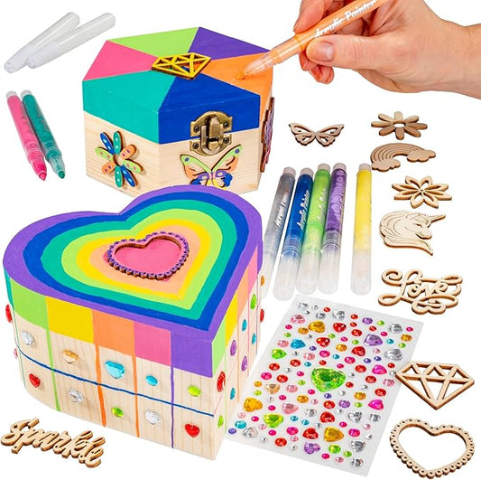 GirlZone Jewelry & Treasure Box, DIY Jewelry Box, DIY Craft for Kids Include Wooden Boxes, Shapes, Acrylic Paint Pens, Gem Stickers & Table Cover, Ideal Painting Crafts for Girls, Valentine Gifts