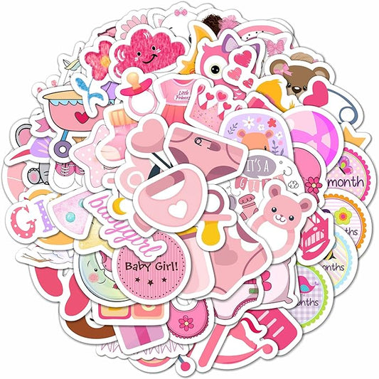 BulbaCraft Baby Girl Stickers, 100Pcs Multicolor Vinyl Decals, Waterproof, Reusable, Multipurpose for Scrapbooking and Party Decor, Newborn, Baby Shower Favors for Girls, Baby Girl Month Stickers
