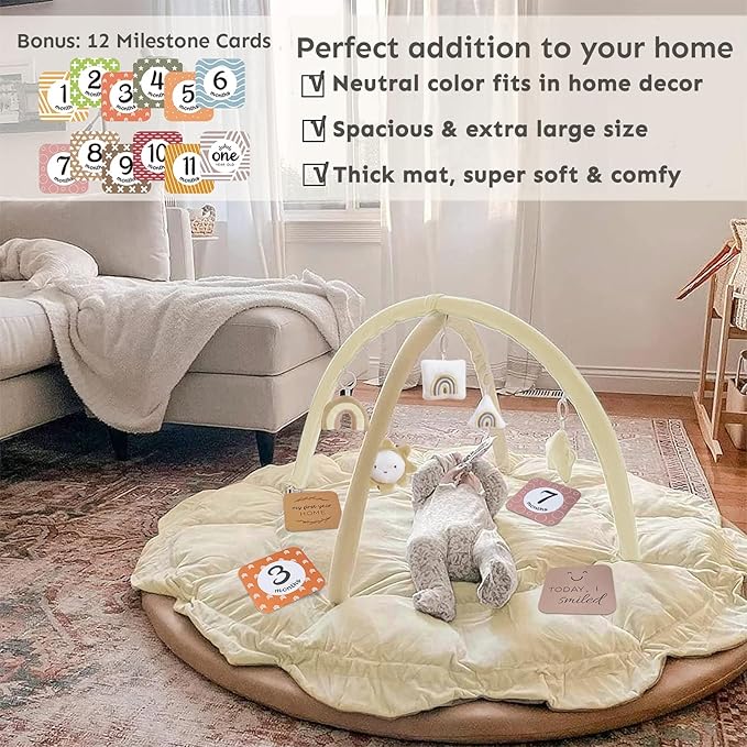 5-in-1 Thick & Plush Baby Play Gym, Baby Play Mats for Floor, Tummy Time Mat with 6 Toys, Cat Bed, Dog Bed, Convertible Stage-Based Developmental from Babies to Toddler, Ball Pit, Pet Cushion, Brown