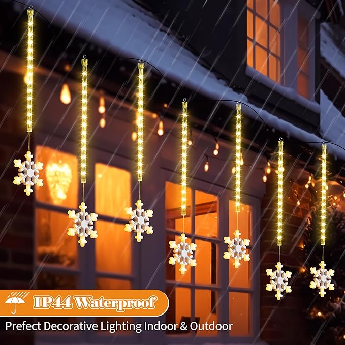 Enhon 2 Pack Meteor Shower Snowflake Lights Outdoor with Timer, Total 480 LED 12in 16 Tube Connectable Waterproof Meteor Rain Drop Christmas Light with Snowflake for Xmas Tree Roof Garden(Warm White)