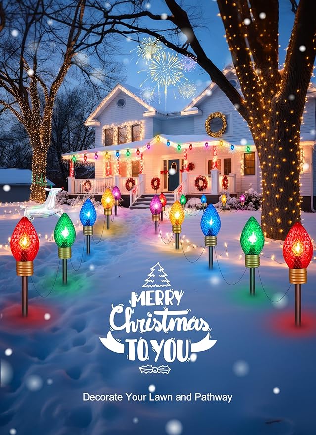 Minetom Jumbo C9 Christmas Pathway Lights Outdoor - 10.5 Feet 5 Strawberry C9 Walkway Lights, C7 Covered Multicolor Light Bulb Decorations for Lawn Garden Outside