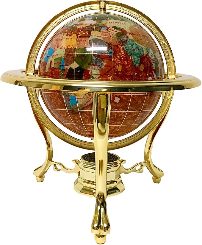 Unique Art 10-Inch Tall Table Top Amber Pearl Swirl Ocean Gemstone World Globe with Gold Tripod Stand (Amber Pearl)