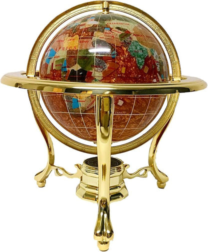Unique Art 10-Inch Tall Table Top Amber Pearl Swirl Ocean Gemstone World Globe with Gold Tripod Stand (Amber Pearl)