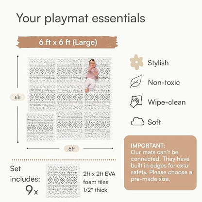 Lillefolk Baby Play Mat for Floor – 6x6ft Boho | Soft Non Toxic Premium EVA Foam Tiles for Tummy Time, Crawling & Playroom – Waterproof Interlocking Floor Mat for Babies & Toddlers (9 Tiles)