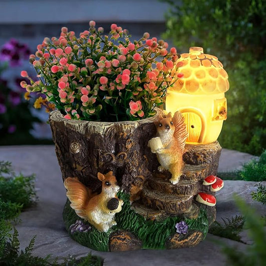 Solar Garden Statue Squirrel Decor,Flower Pots Planters Pots for Succulent,Outdoor Garden Sculpture for Patio Balcony Yard Lawn Decor,Unique Gift for Dad Mom Grandma