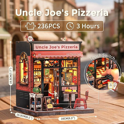 CUTEBEE Book Nook Kit - DIY Miniature House Dollhouse Kit for Adults and Teens, Booknook Tiny House Bookshelf 3D Wooden Puzzle, Gifts for Family (Uncle Joe's Pizzeria)