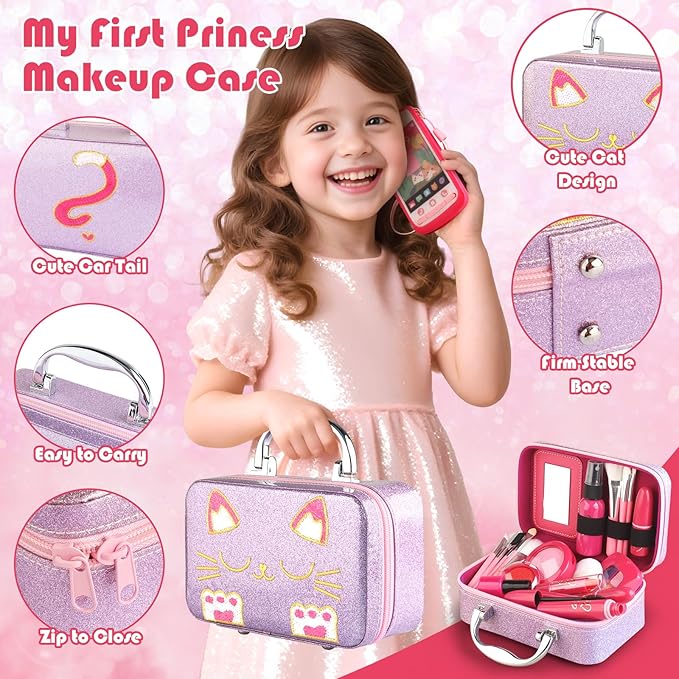 Girl Gift Pretend Makeup for Toddlers 3-5 4-6, Fake Makeup Set with Cat Commetic Case, Play Makeup for Kids Age 3 4 5 Year Old, Toddler Make Up Kit for Little Girls Birthday