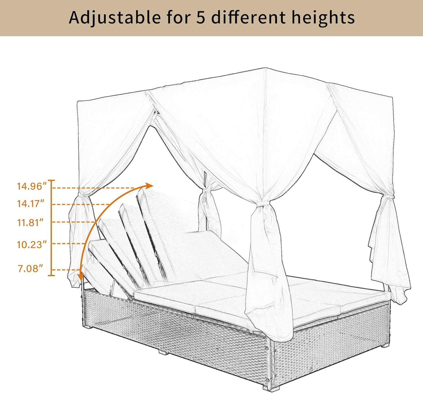 Patio Chaise Lounge, PE Rattan Outdoor Patio Wicker Sunbed Daybed with Adjustable Seats, Four-Sided Canopy, Overhead Curtain and Beige Cushions for Backyard, Garden, Poolside (for 2-6 People)
