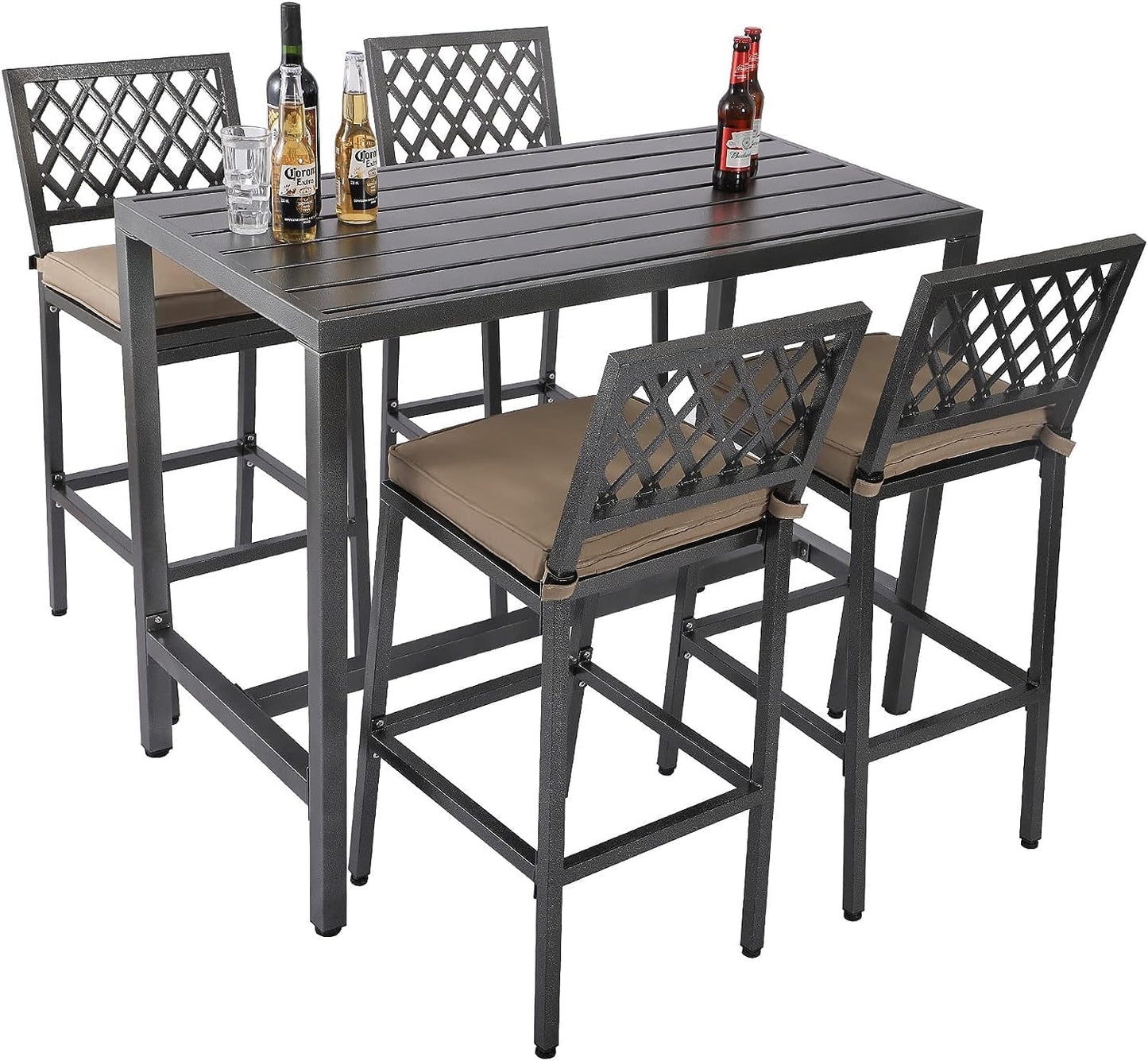 Outdoor Patio Bar Set, Bar Height Patio Dining Set, Weather-Resistant Bistro Counter Pub Set with Cushions & Slatted Tabletop for Backyard