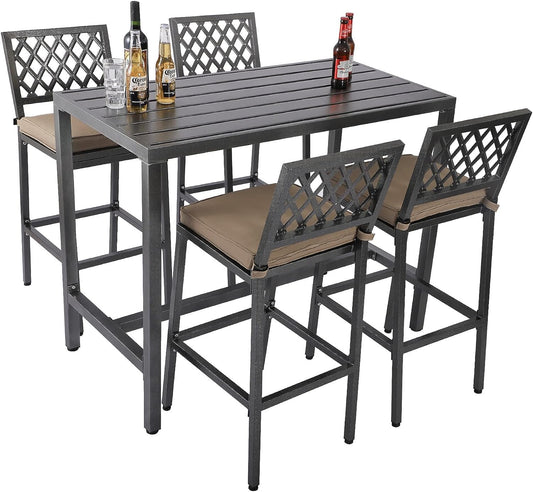 Outdoor Patio Bar Set, Bar Height Patio Dining Set, Weather-Resistant Bistro Counter Pub Set with Cushions & Slatted Tabletop for Backyard