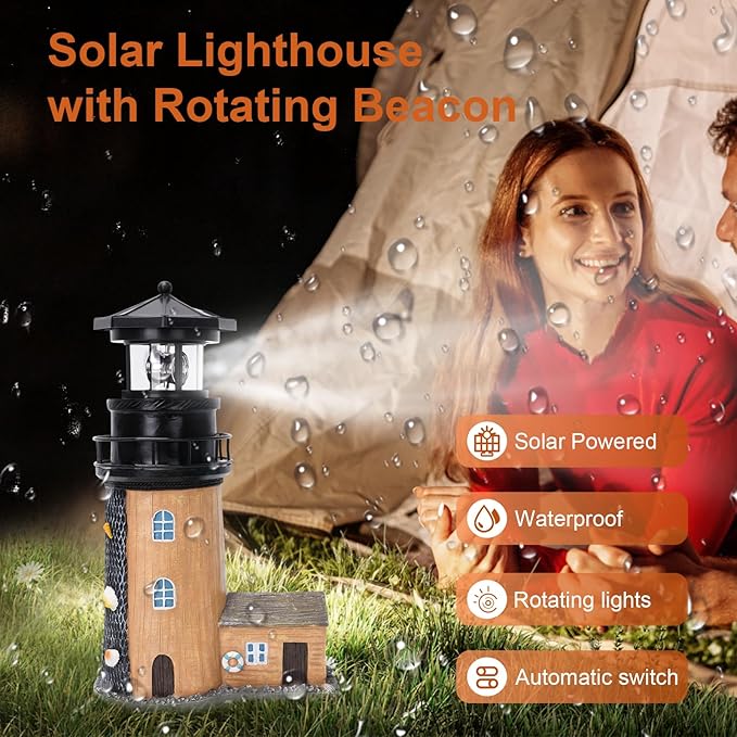 Solar Lighthouse with Rotating Beacon,11.1" Outdoor Garden Lighthouse Decor,Waterproof Statue Light House Lamp for Yard Lawn Patio Gifts