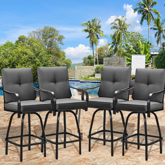 Patio Swivel Bar Stools, Outdoor High Back Swivel Bar Chair Set of 4 with Cushion & All Weather Steel Frame for Backyard, Lawn, Poolside and Balcony, Dark Gray