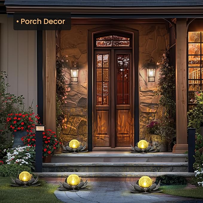 GIGALUMI Solar Light Outdoor Garden Decor, Lotus Flower Light Crackle Globe Glass Lantern Outdoor Table Decor Waterproof for Patio, Lawn, Pathway, Pool, Pond (Grey Petal)