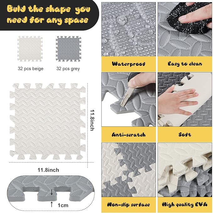 Shihanee Foam Floor Baby Tiles Foam Floor Mats Play Mats Bulk with Borders Interlocking for Kids Baby Playroom Nursery Gym (Gray, White,64ft)