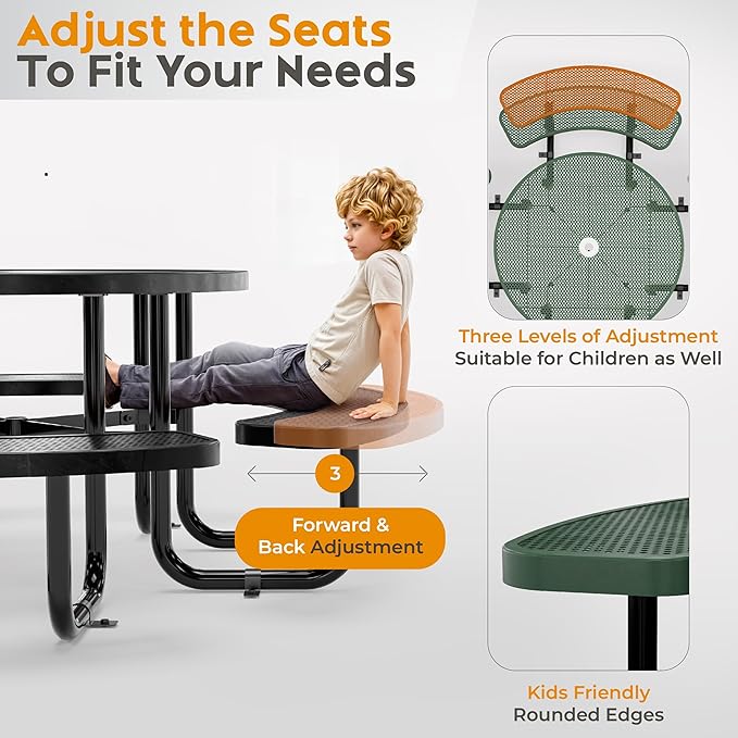 Metal Picnic Tables for Outdoors with Umbrella Hole - Coated Steel Heavy Duty Commercial Grade Table with Adjustable Seats (Green, 46 in, Round, Punched Steel)
