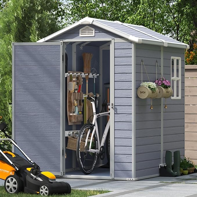 Aoxun 4'x6' Resin Outdoor Storage Shed Utility Tool Shed Storage House, Multi-Purpose Utility Tool House Applicable for Bike, Clutter Storage for Backyard, Patio - Gray