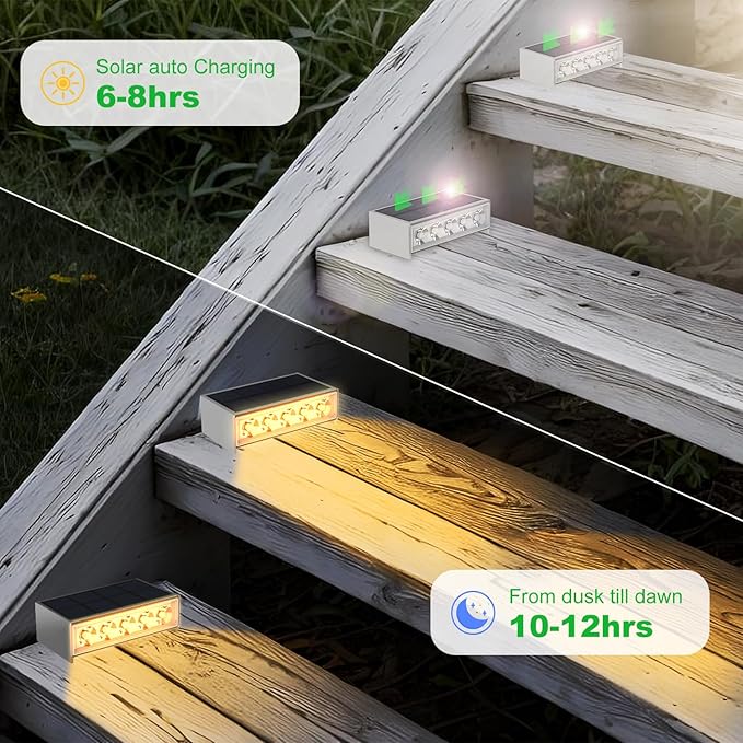 T-SUN Solar Step Light 3000K Solar Stair Lights Outdoor Waterproof LED Step Lights for Outside Stair Deck Pathway Patio Porch Warm White 6 Pack