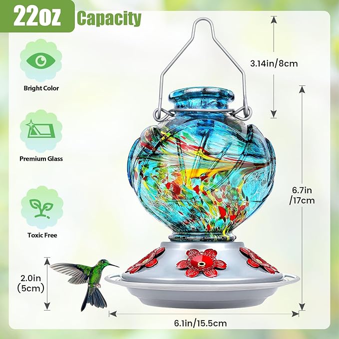 BOLITE Hummingbird Feeder, Hand Blown Glass Hummingbird Feeders for Outdoors Hanging, with Ant Moat and 5 Feeding Ports, 22 Ounces, Peony Flower Shape, Blue, Gifts for Women Men, Gifts for Mom Dad
