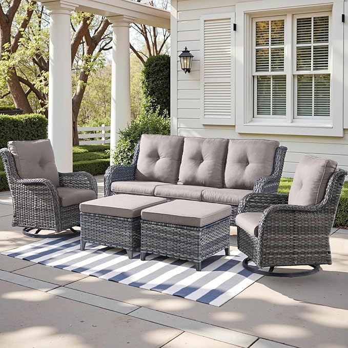 Outdoor Wicker Patio Furniture Set - 5 Piece Rattan Patio Conversation Set with 2 Rocking Swivel Chairs,2 Ottomans and 1 Sofa for Porch Deck Backyard Garden(Mixed Grey/Grey)
