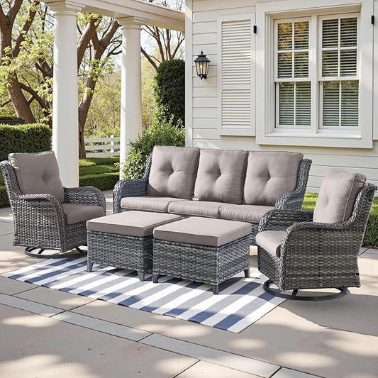 Outdoor Wicker Patio Furniture Set - 5 Piece Rattan Patio Conversation Set with 2 Rocking Swivel Chairs,2 Ottomans and 1 Sofa for Porch Deck Backyard Garden(Mixed Grey/Grey)