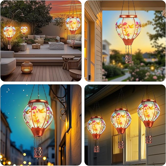 Hummingbird Solar Hot Air Balloon Lantern,Outdoor Decor with Flame Lights Waterproof, Hanging for Garden Yard Lawn Patio, Unique Gifts for Women Mom Grandma Gardener for Mother'Day Christmas