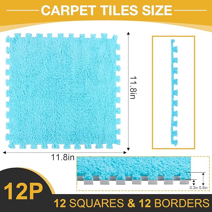 12 Pcs Plush Interlocking Carpet Tiles, Non-Toxic Foam Carpet Tiles for Toddler Baby, Machine-Washable, Anti-Slip, EVA Foam Interlocking Tiles for Floor, Nursery, Playroom, Blue
