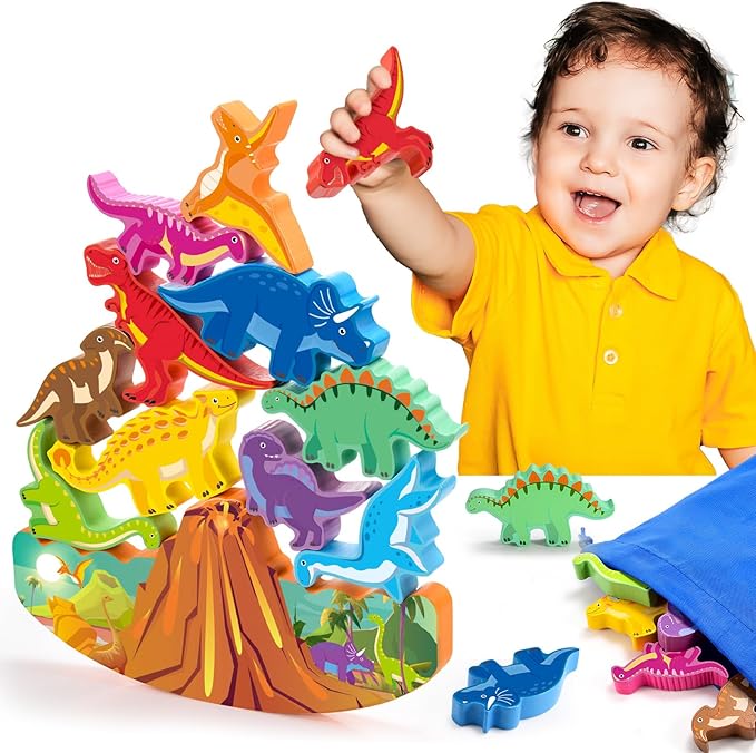 Dinosaur Toys for Kids 3-7 Kid Wooden Stacking Blocks Montessori Toy for 3 4 5 6 7 8 Year Old Boys Girls Christmas Birthday Gifts Toddler Balance Game Ages 3-5 Toys for Boy Girl Age 5-7