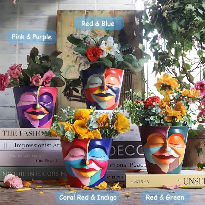 GUGUGO Abstract Rainbow Head Planter, Unique Face Plant Pot with Drainage, Cute Eclectic Flower Planters Pots for Indoor & Outdoor Plants, Colorful Funny Room Decor Aesthetic
