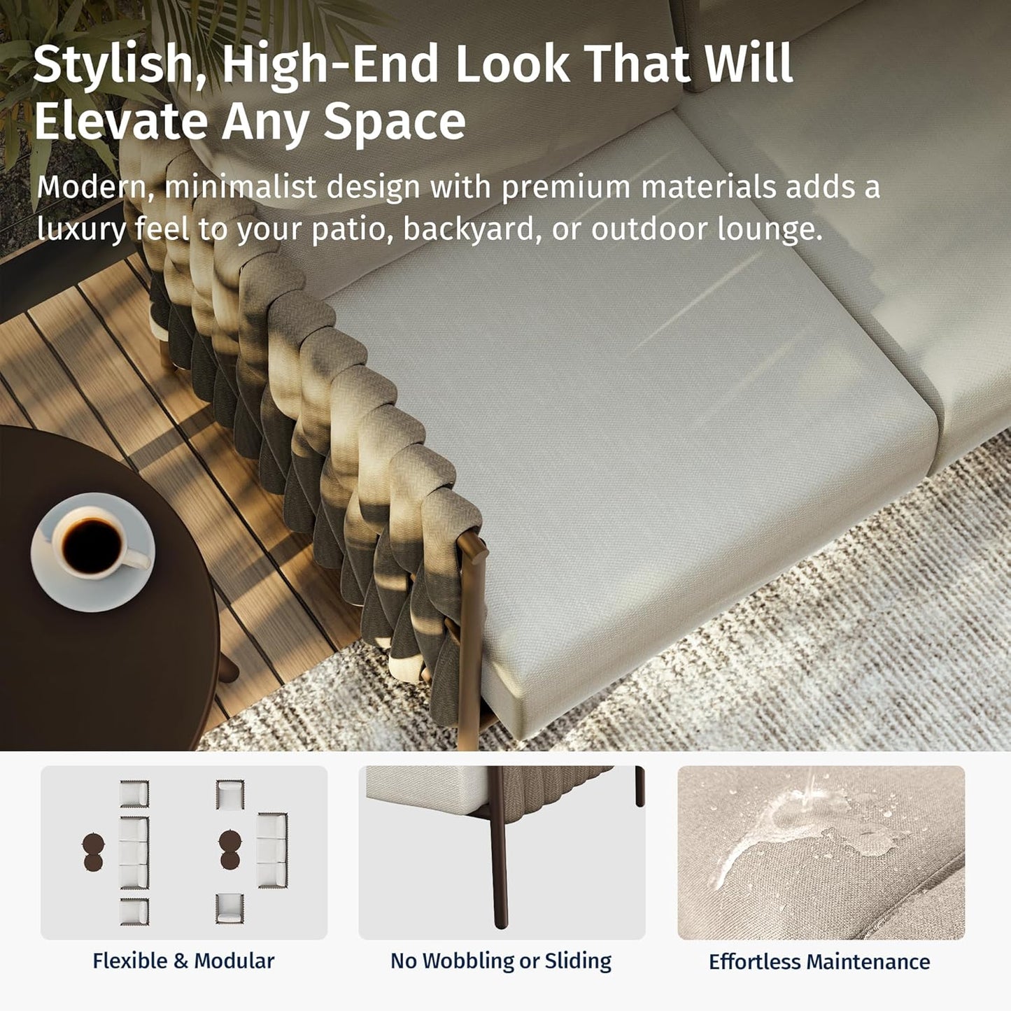 EAST OAK 5-Piece Patio Furniture Set | Life Chatter 5-Seat Outdoor Furniture | Deep Seating & Two Coffee Tables | Waterproof Extra-Thick Cushions | Porch, Balcony & Backyard | Chestnut & Apricot