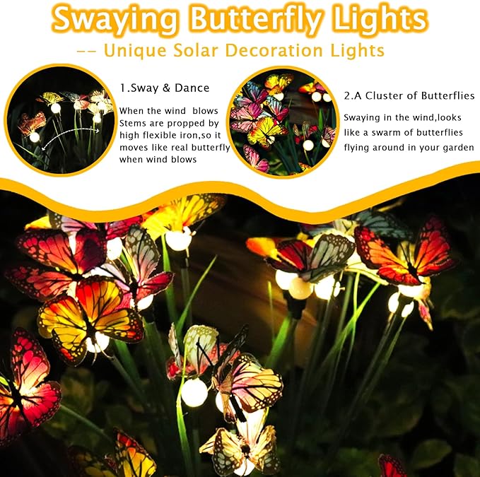 Solar Butterfly Lights Outdoor, 4 Pack 24 LED Solar Garden Lights Outdoor Waterproof,Solar Outdoor Lights Garden Decor for Yard,Patio,Lawn,Pathway