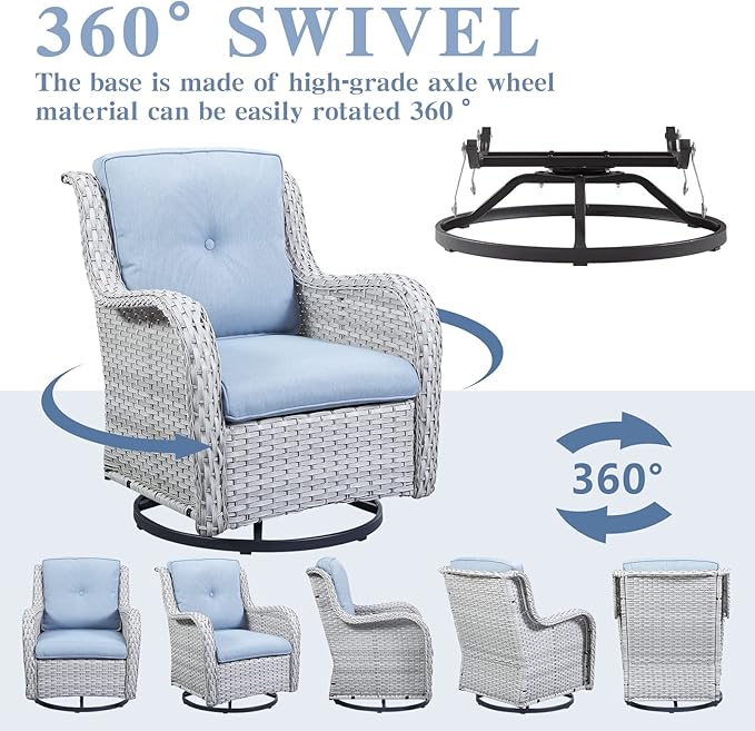 Wicker Patio Furniture Sets - 13 Piece Outdoor Rattan Furniture Conversation Sets with 4 Swivel Rocker Chairs, 2 Rattan Sofas, Wicker Ottomans and Coffee Table, Light Grey/Baby Blue
