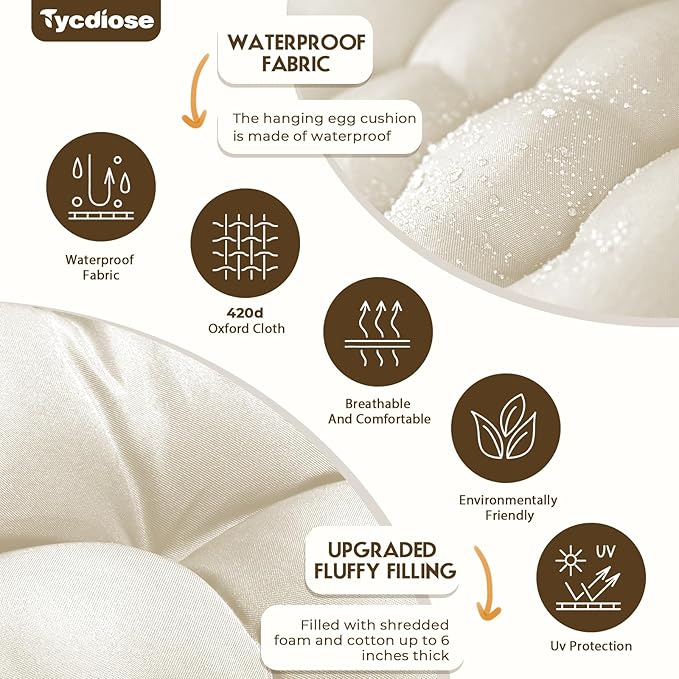 Egg Chair Cushion Replacement, Waterproof Outdoor Hanging Egg Chair Cushion Hammock Swing Chairs Cushions Pads, U-Shaped Thickened Cushions for Hanging Eggs Chairs, 47x33x7 Inches (Cream)